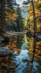 Obraz premium Tranquil wilderness with reflections of autumn trees in a serene mountain river at sunset