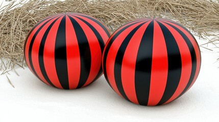 Obraz premium Striped Red and Black Decorative Balls on White Surface