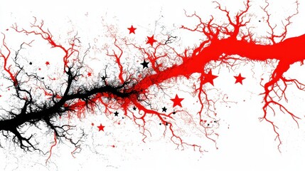 Fototapeta premium Abstract Red and Black Burst with Stars and Branches