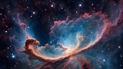 Fototapeta premium A vibrant nebula with swirling clouds of gas and dust against a backdrop of twinkling stars in the vastness of space.