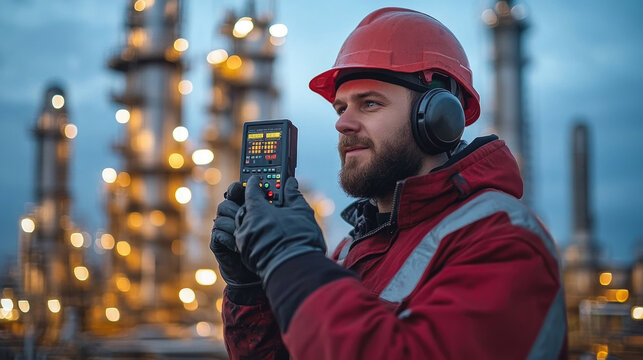 A worker in protective gear examines equipment readings as dusk settles over an industrial refinery, illuminated by glowing machinery