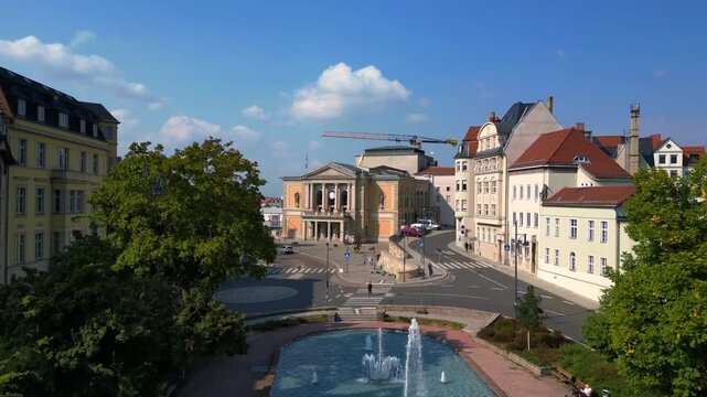 Fountains in front of Opera House halle saale Beautiful aerial view flight drone
