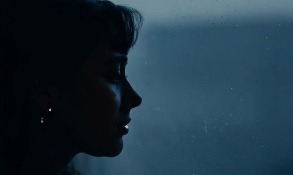 Lonely Woman in Bedroom at Night with Sadness and Anxiety