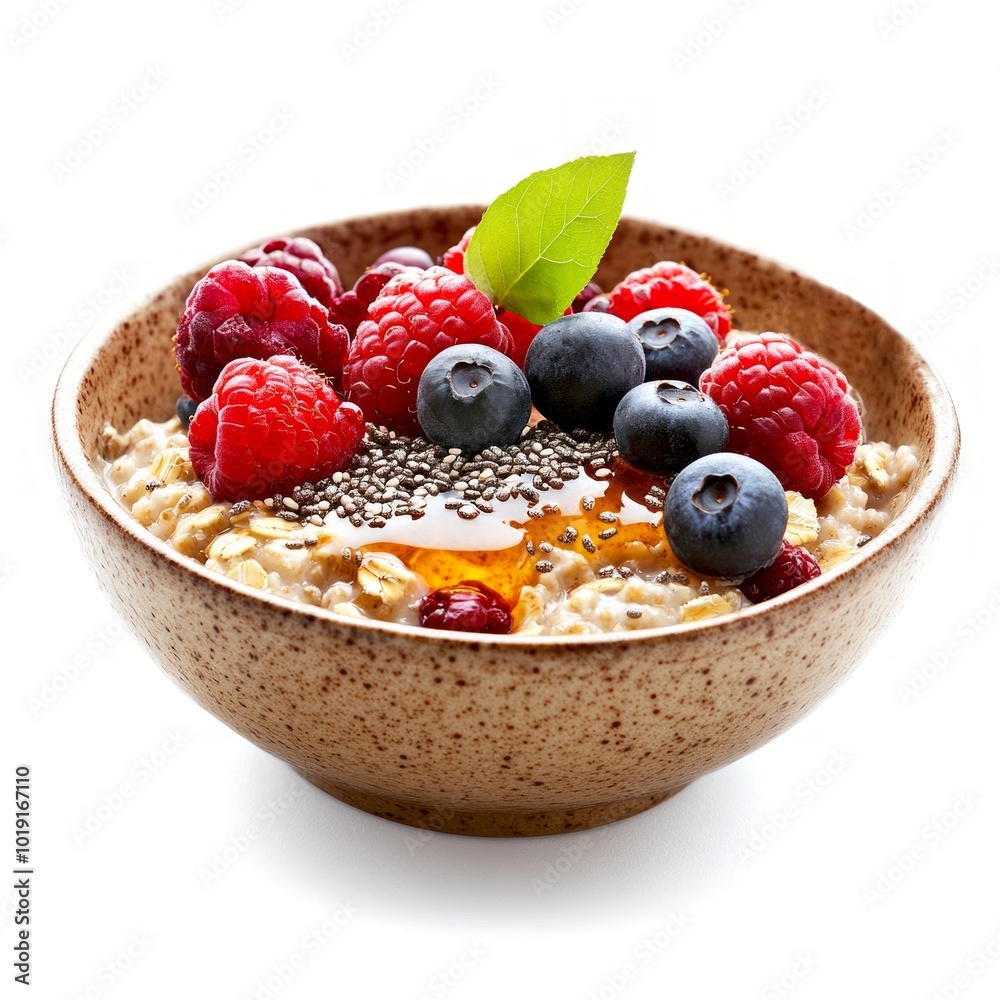 Sticker Delicious oatmeal bowl topped with fresh berries. This healthy breakfast features vibrant raspberries and blueberries. Perfect for a nutritious start. Enjoy the wholesome flavors. AI