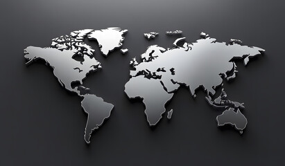 Fototapeta premium Monochrome 3D world map design with reflective surfaces against a dark background design. Modern mapping technique design