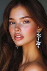 Obraz premium Stunning portrait of a young woman with radiant skin and elegant jewelry. Her expressive eyes and soft smile create a captivating atmosphere. This image is perfect for beauty and fashion themes. AI