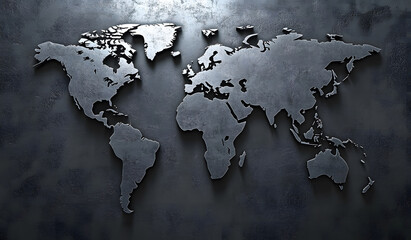 Monochrome 3D world map design with reflective surfaces against a dark background design. Modern mapping technique design