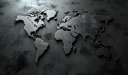 Monochrome 3D world map design with reflective surfaces against a dark background design. Modern mapping technique design