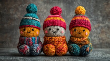 Three colorful knitted dolls wearing wool hats sitting in a row