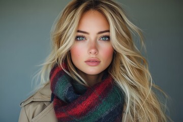 Close-up portrait of a young woman with blonde hair wearing a plaid scarf