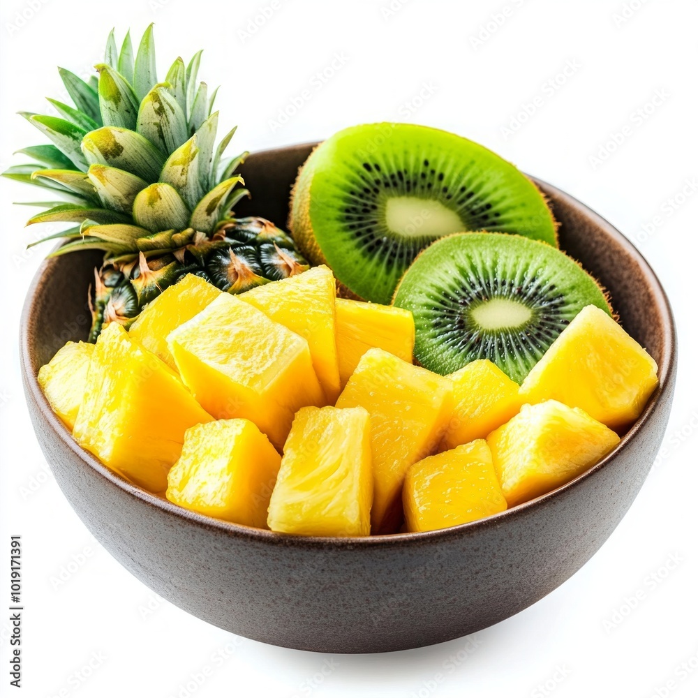 Wall mural Fresh and vibrant bowl of tropical fruits. The bowl features juicy pineapple and refreshing kiwi along with sweet pineapple cubes. Ideal for healthy eating. Enjoy this colorful mix. AI