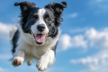 Fototapeta premium playful border collie midleap against blue sky ears flapping tongue out exuding pure joy and energy