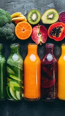 Colorful detox smoothies in glass bottles with vibrant veggies and fruits on a dark backdrop