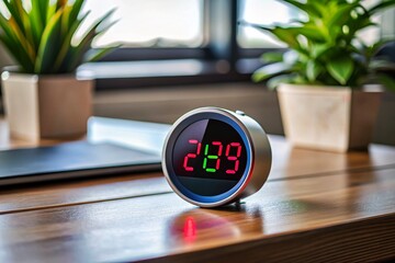 Modern Digital Hand Clock Displaying Time and Date in a Sleek, Minimalist Design on a Desk Surface