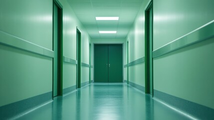 Obraz premium Empty white room seen through green doorway in modern hospital