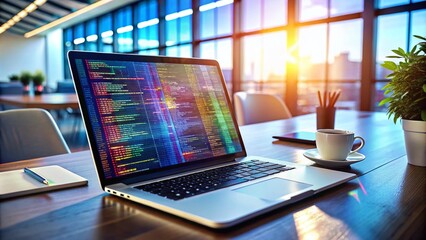 Naklejka premium Modern Digital Technologies and Coding Concept with HTML Code on a Laptop Screen in Office Setting