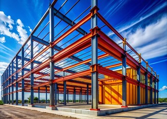 Fototapeta premium Modern Industrial Architecture with Steel Beams and Large Windows Against a Clear Blue Sky Background