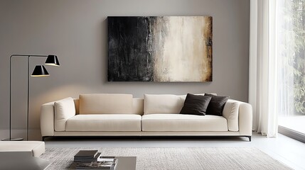 Modern living room with minimalist decor, featuring a beige sofa, abstract wall art, and minimal lighting, modern sophistication, minimalist chic