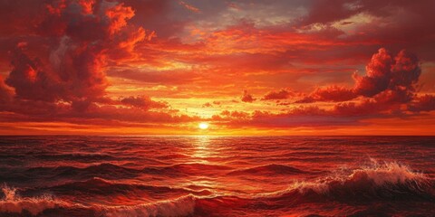 A fiery sunset casts an orange glow over the ocean, with dramatic clouds and waves in the foreground.