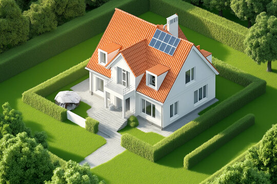 generic family house with green garden isolated in landscape with solar panel and red roof tiles