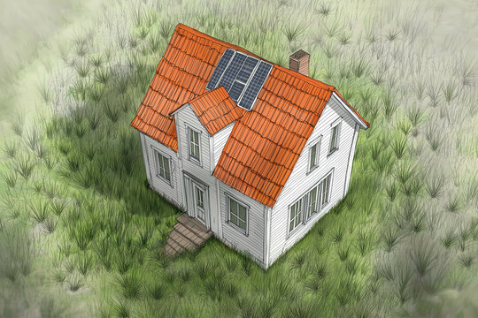 generic family house with green garden isolated in landscape with solar panel and red roof tiles