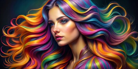 Modern Mid-Length Digital Hair Illustration with Stylish Waves and Vibrant Colors for Creative Use