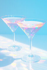 Pink cocktails are served in crystal clear glasses, and the colored light reflects various colors on the body of the glass. 