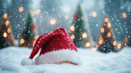 Red santa hat on snowy ground with sparkling christmas lights and snowfall, celebrating happy st. nicholas day, captured in a frosty winter wonderland concept ai