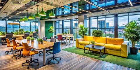 Modern Office Interior Design with Collaborative Spaces and Technology in a Corporate Environment