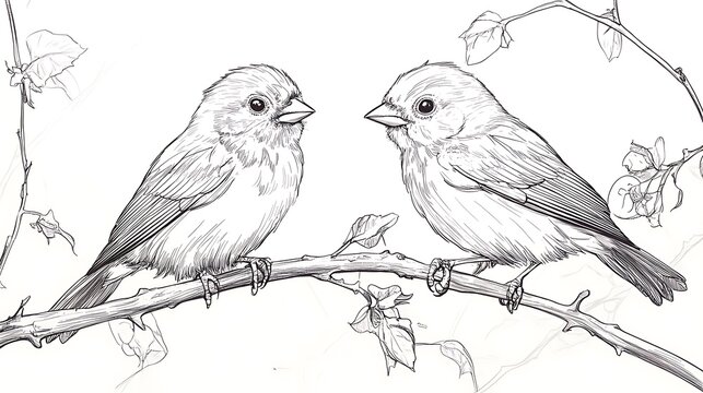 recommend clip art: A beautiful image of two birds sitting on a tree branch hand drawn, two birds on a branch