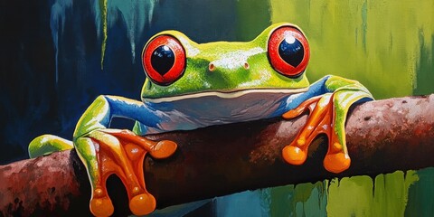 A vibrant green tree frog with striking red eyes perches on a branch, its orange feet gripping the wood, against a backdrop of textured green and blue.