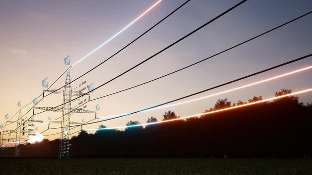 Visualization of energy stream travelling through overhead electrical transfer lines over sunset horizon sky. AR data of sustainable electricity flowing inside web of interconnected cables, 3D render