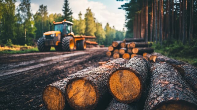 A forest logging scene with stacked timber logs and a tractor on a dirt road, highlighting the lumber industry in a wooded area.