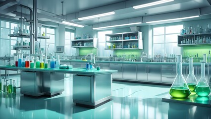 A modern, well-equipped laboratory with stainless steel workbenches, glass beakers, and colorful liquids.