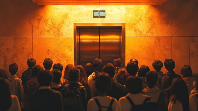 A large crowd of people waiting in front of a brightly lit elevator door, captured in warm tones, conveying anticipation and movement.