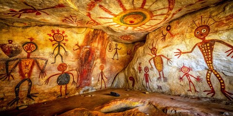 Fototapeta premium Mysterious Ancient Alien Cave Paintings Depicting Extraterrestrial Beings and Cosmic Symbols