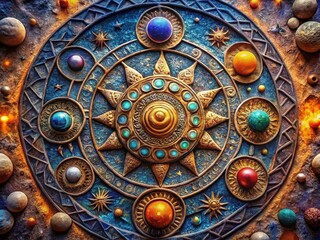 Obraz premium Mysterious Ancient Space Symbols Carved on Stone, Representing Celestial Bodies and Astronomical Events