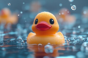 playful rubber duck floating serenely on water projecting a sense of calm and childhood nostalgia with soft reflections creating a tranquil atmosphere
