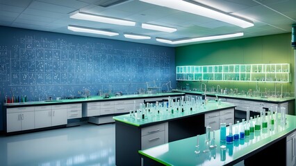 Obraz premium A modern, well-equipped laboratory with long lab benches, glass beakers, and a circuit board-patterned wall.