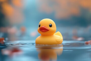 playful rubber duck floating serenely on water projecting a sense of calm and childhood nostalgia with soft reflections creating a tranquil atmosphere