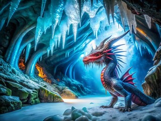 Fototapeta premium Mysterious Dragon Discovered in a Glacial Ice Cave Surrounded by Sparkling Icicles and Frosted Rocks