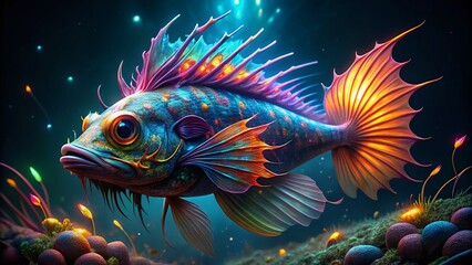 Fototapeta premium Mysterious Dragon Fish in the Deep Sea with Bioluminescent Features and Dark Ocean Background