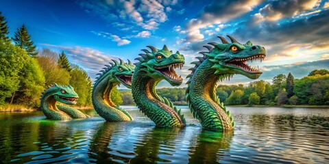 Obraz premium Mysterious multiheaded serpentine lake monster emerging from the depths of a tranquil lake scene