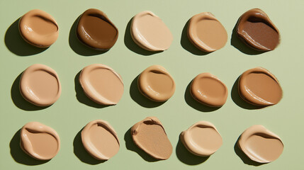 Obraz premium a collection of swatches of medium olive foundation on an earthy green background, with smooth color gradients and a subtle sheen to highlight the texture and glossiness of the foundation