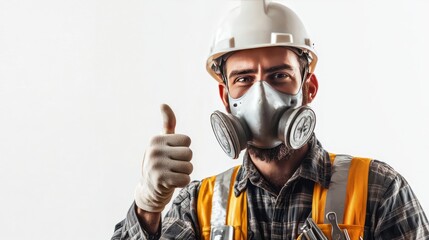Construction worker wearing a protective mask and giving a thumbs-up