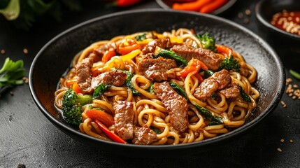 Stir-fried noodles with beef and vegetables in a black bowl