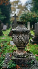 Intricate stone vase resting on a grave in a serene cemetery setting