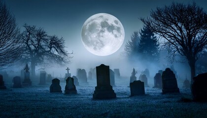 霧に包まれた墓地と満月