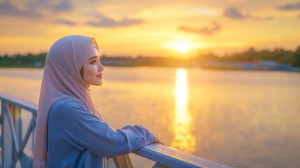 a hijabi woman standing on a bridge during sunset