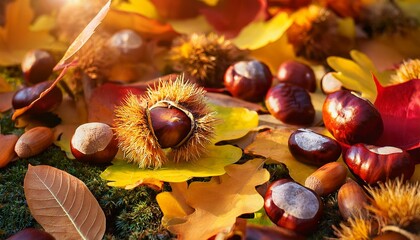 栗やどんぐりの落ち葉の上のクローズアップ